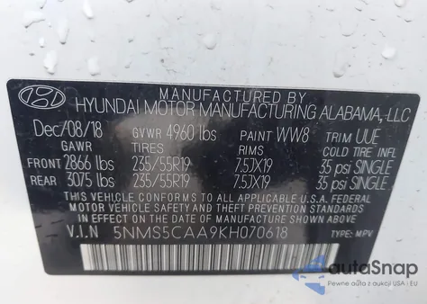 2019 Hyundai Santa Fe Limited 2.0T z USA, uszkodzony, nr VIN 5NMS5CAA9KH070618